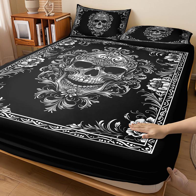 3 Pieces Black Skull Floral Fitted Sheet Set (1 Fitted Sheet + 2 Pillowcases without Pillows) High-Definition Digital Printing, Trendy Cool Bedroom Infused with Gothic Romance, Unlocks Niche Trendy Bedroom Style Bedding Accessories
