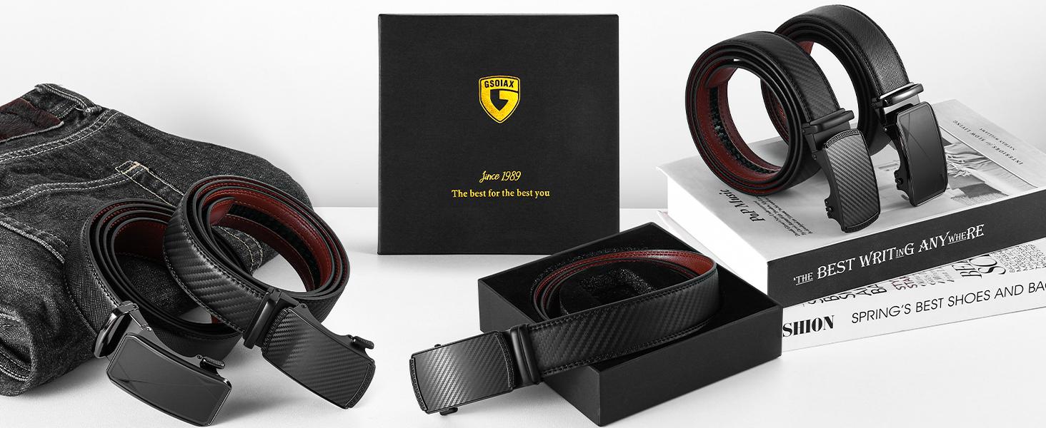 GSOIAX Mens Belt Leather Ratchet Easy Release Belt For Men Designer Belt Dress and Casual with Adjustable Buckle for Men's Wear Gift Holidays Gift Ideas