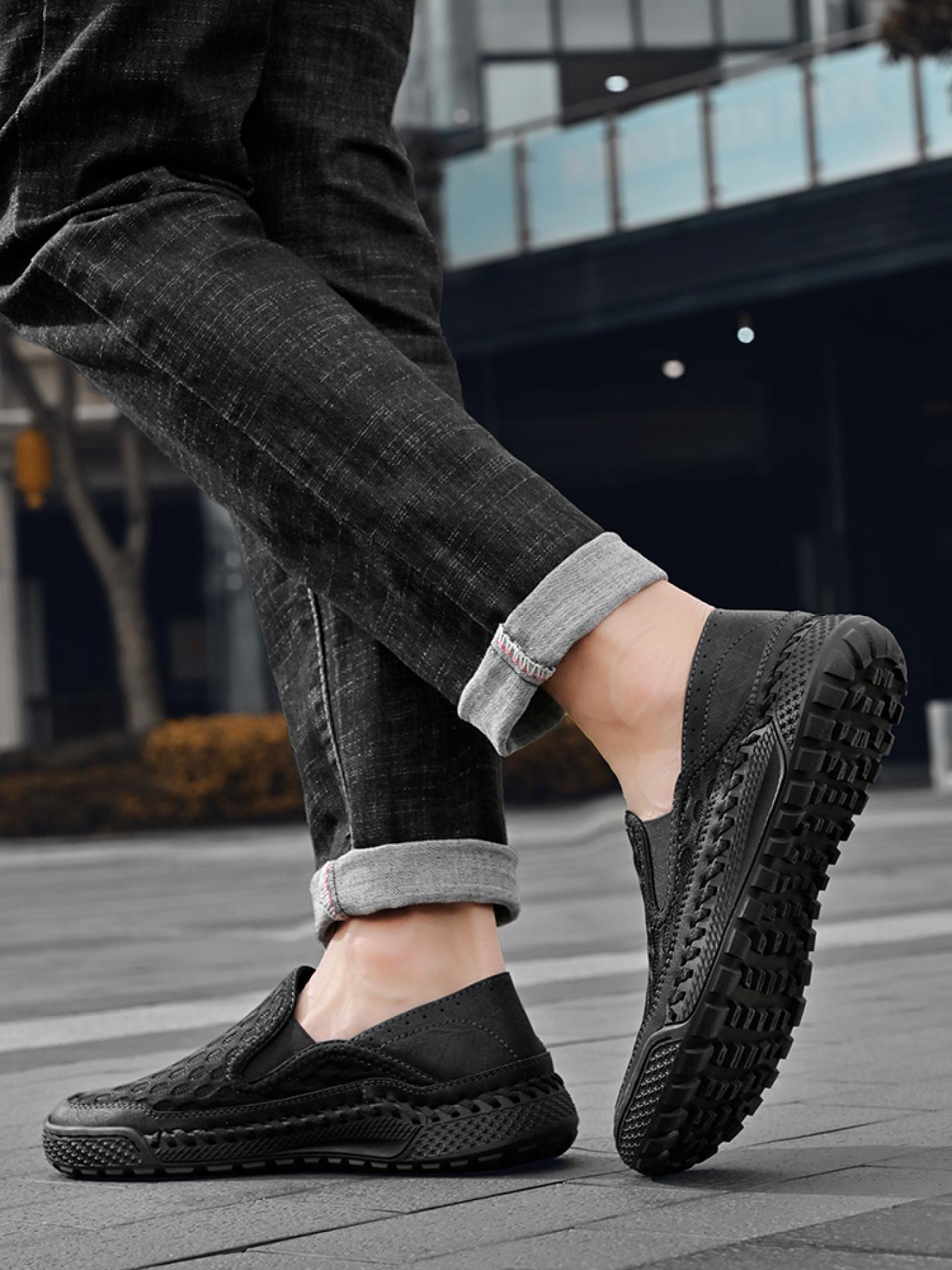 Men's Solid Color Mesh Breathable Slip-On Loafers, Soft Sole Anti-Slip Hand-Stitched Walking Shoes, Lightweight Casual Dad Shoes