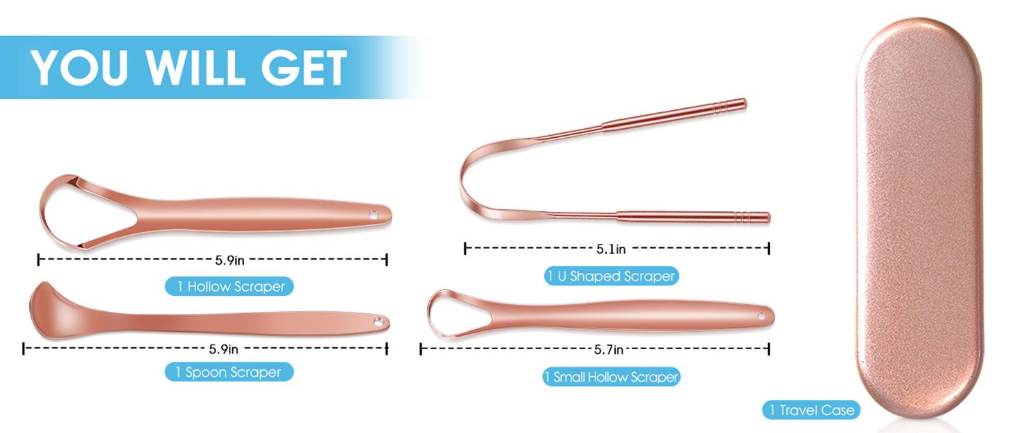 4-Pack Tongue Scraper for Adults and Kids, 100% Stainless Steel Tongue Scraper with Travel Case, 4 Shapes, Perfect for Bad Breath & Oral Hygiene, Easy to Use and Carry, Rose Gold