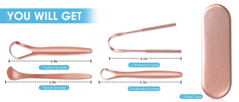 4-Pack Tongue Scraper for Adults and Kids, 100% Stainless Steel Tongue Scraper with Travel Case, 4 Shapes, Perfect for Bad Breath & Oral Hygiene, Easy to Use and Carry, Rose Gold 4-Pack Tongue Scraper for Adults and Kids, 100% Stainless Steel Tongue Scraper with Travel Case, 4 Shapes, Perfect for Bad Breath & Oral Hygiene, Easy to Use and Carry, Rose Gold