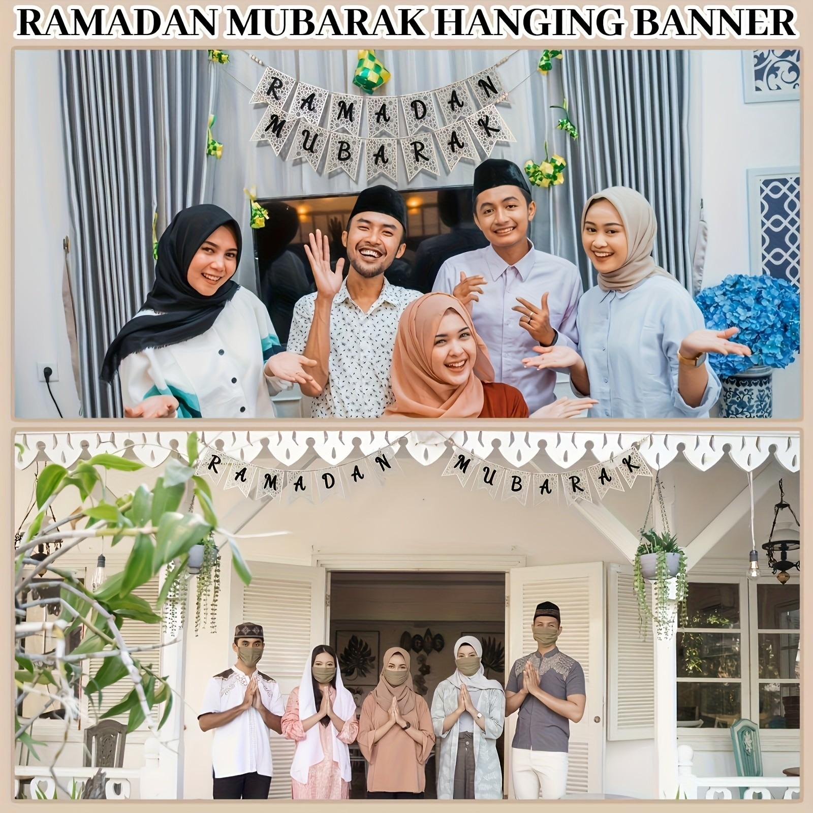 Eid Mubarak Wooden Banner Set, Festive Decoration with Bead Embellishments, Indoor & Outdoor Muslim Party Decor, Home Fireplace Display