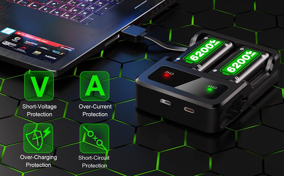 2×6200mWh Rechargeable Battery Packs for Xbox Controller, Compatible with Xbox One, One Elite, One S/X and Series S/X, High-Capacity, Fast Charging, Long-Lasting, Eco-Friendly Charging Station with Intelligent Protection, Console, Smartphone
