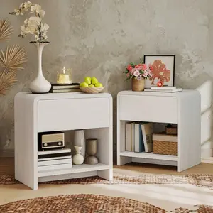 2 Pcs Modern Round Corner Nightstand Set Wooden Bedside Table With Storage Drawer Open Shelf Minimalist End Table For Bedroom Living Room Home Decor Furniture