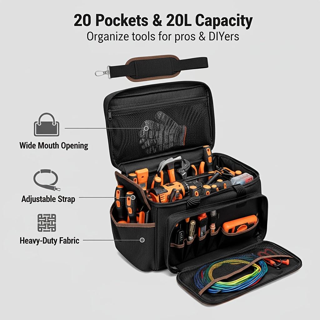 20L Large Capacity Tool Bag, Durable Multi-Pocket Portable Storage, Adjustable Shoulder Strap, Wide Mouth Pouch, Ideal Gift for Electricians