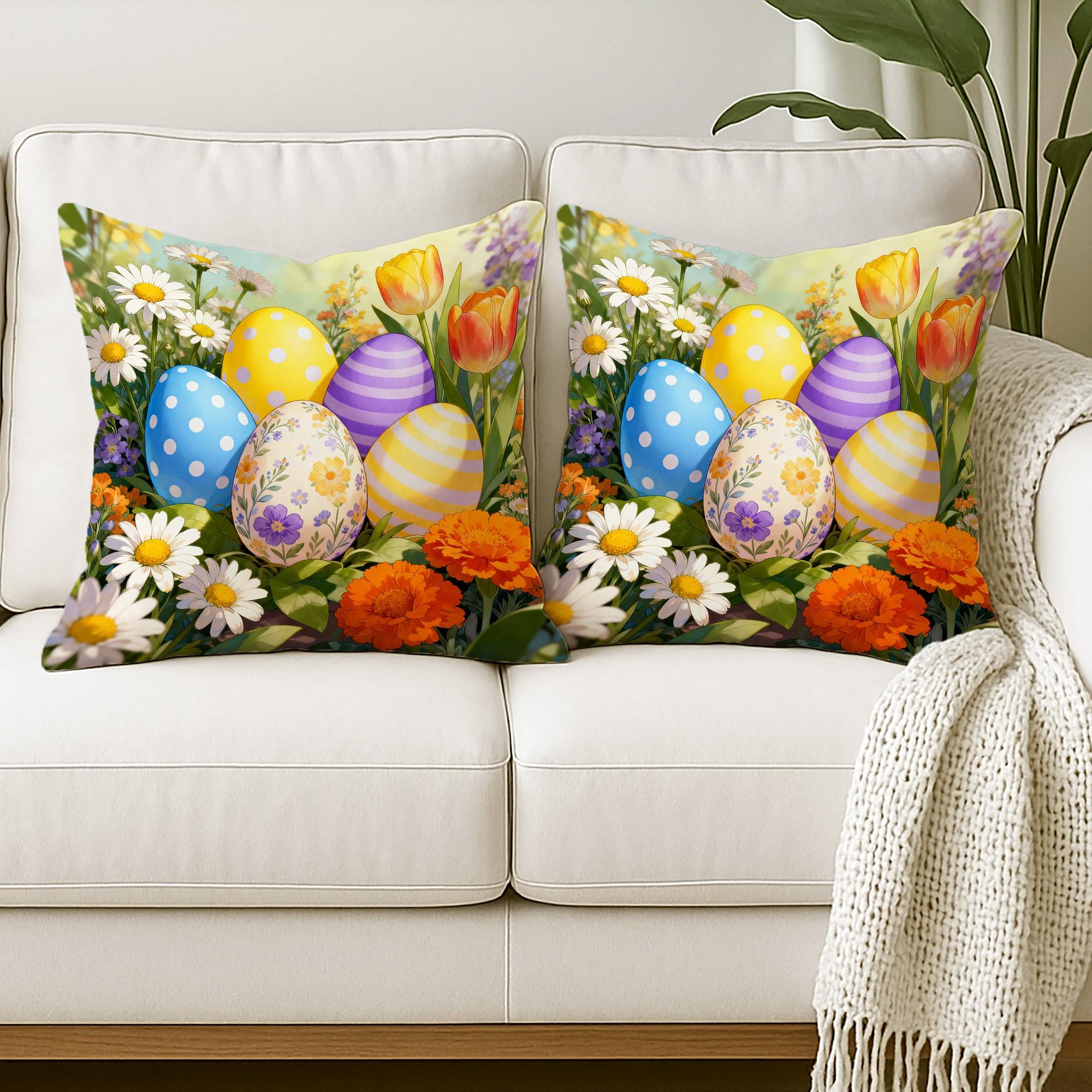 Jit 2pcs 2D Flat Easter Eggs Throw Pillow Covers, Spring Festive Daisies Tulips Design, Soft Velvet Material, Washable Cushion Cover