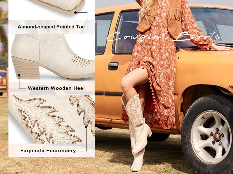Wetkiss Cowboy Cowgirl Women Knee High  Boots Retro Embroidered Chunky Heels Pointed Toe Western Long Tall Boot Pull On Footwear Walking Shoes,Women's Shoes,Women's Boots  #TikTokShopStockUp