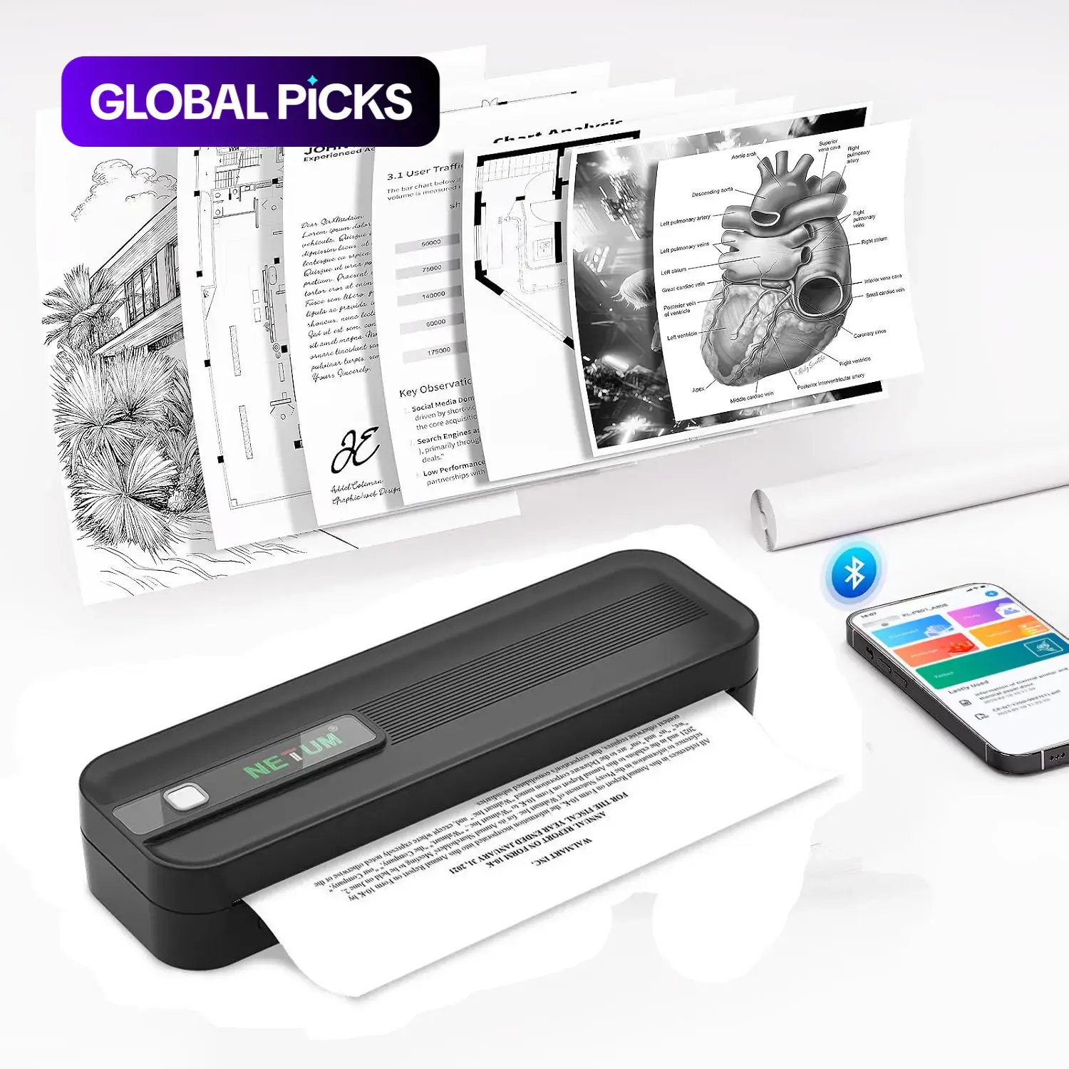 Portable A4 Printer, Wireless Bluetooth Mobile Phone Printer, Direct Connection Inkless Printing Machine for Home, School, Office, and Dormitory, Inkless Thermal Printer, Handheld Printer, Office Equipment #GLOBAL PICKS