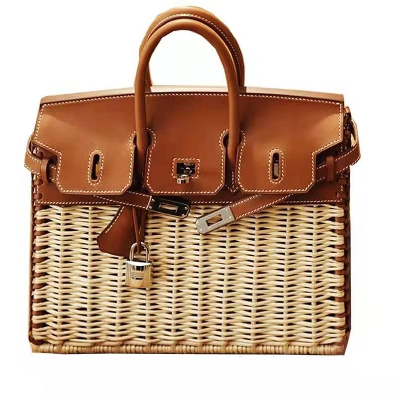 2026 Fashion Handbag, High-Quality Handmade Basket Bag, Picnic Lunch Bag, Platinum Color Bag for Girlfriend, Mother's Gift, Natural Rattan Crossbody Bag
