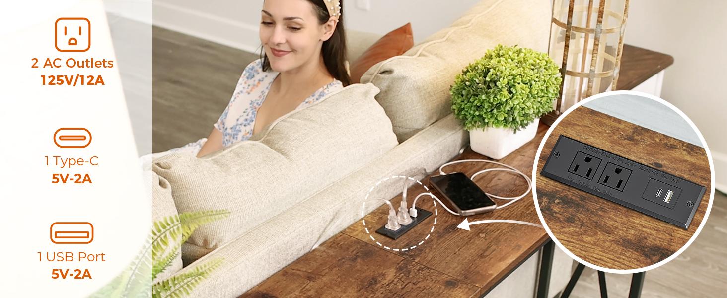 SUPERJARE 70 Inch Console Table with 2 Outlet and 2 USB Ports, Extra Long Entryway Table with Metal Frame and X-Shaped Design, Narrow Sofa Table for Living Room and Hallway Furniture Storage