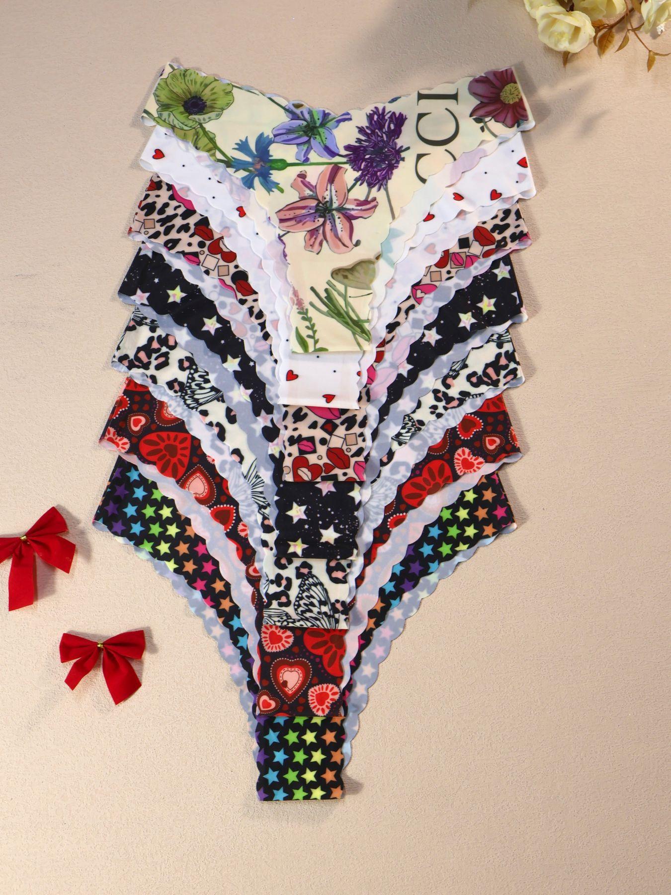 Women's Comfortable Skin-Friendly Underwear Set, Heart & Floral Print Design, V-Shape Pull-Up Waistband, Casual Fitted Style, Seamless Panties