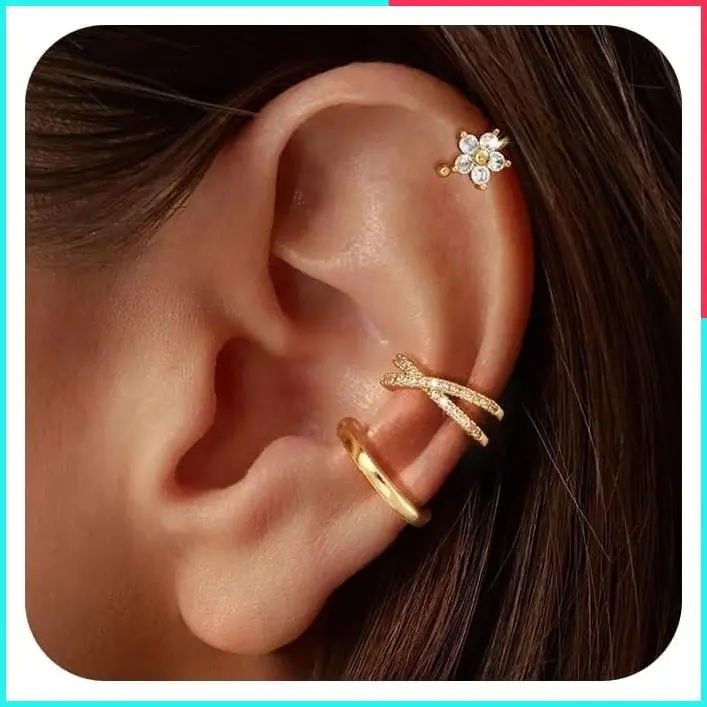 3Pcs Non-Piercing Ear Cuffs for Women, Dainty Clip-On Earrings | Trendy 14K Gold Plated Ear Cuff with Cubic Zirconia, Faux Piercing Cartilage Earrings, Lightweight Jewelry for Daily Wear