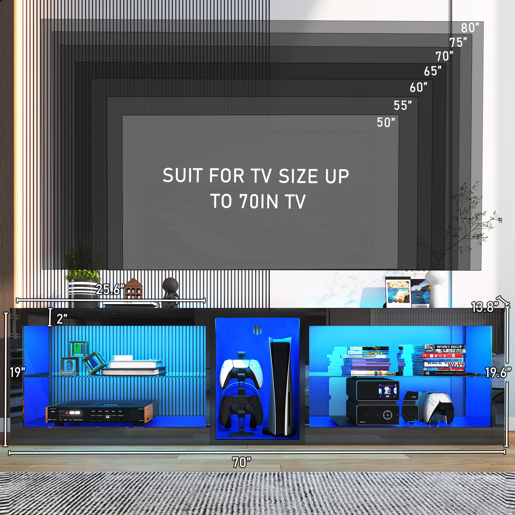 55/63/71/81 inch LED TV Stands W/Power Outlet,Black Entertainment Center W/70000-Colors Lights,High Gloss LED TV Console w/Adjustable Glass Shelves for Living Room Gameroom 55/63/71/81 inch LED TV Stands W/Power Outlet,Black Entertainment Center W/70000-Colors Lights,High Gloss LED TV Console w/Adjustable Glass Shelves for Living Room Gameroom