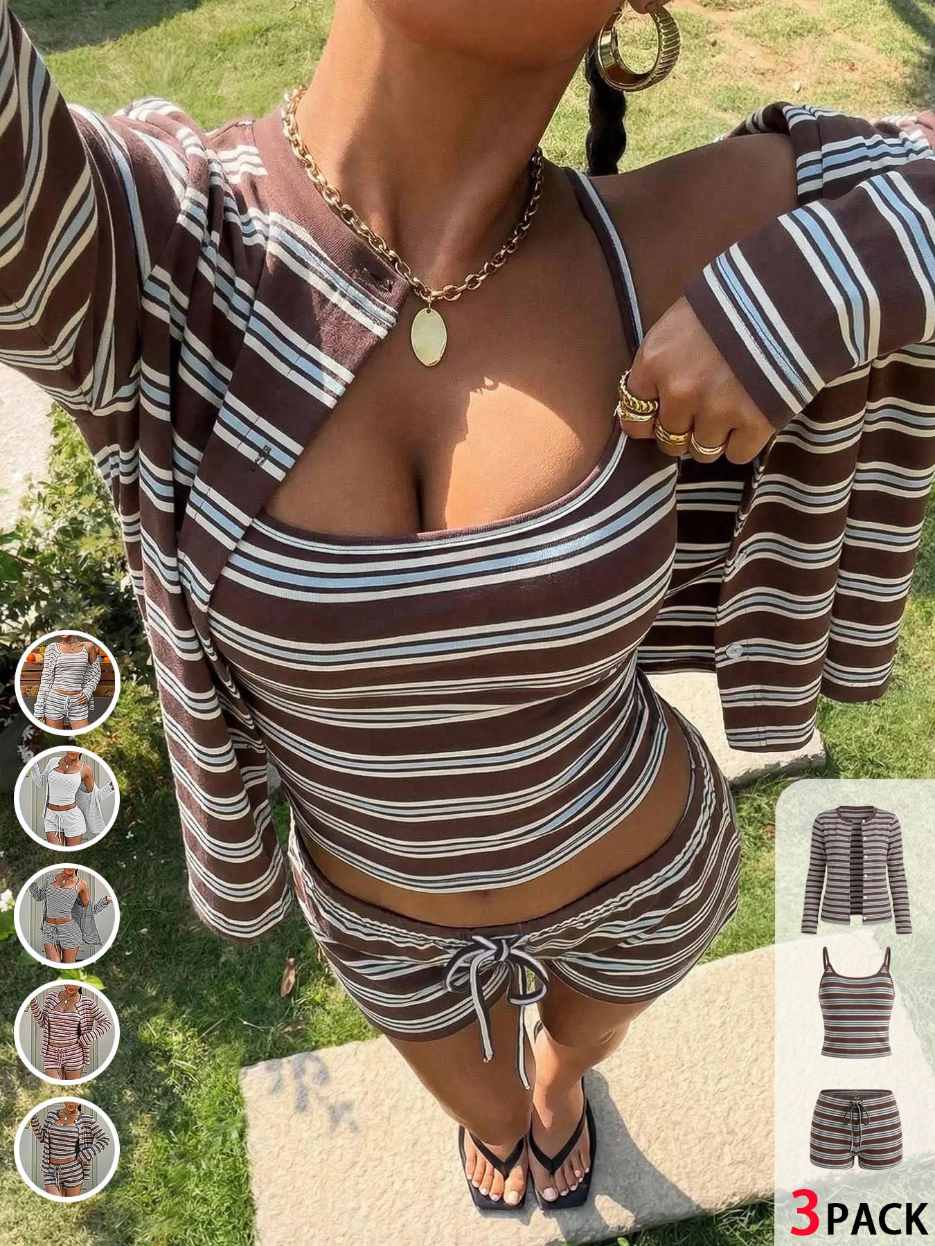 3pcs/Set Striped Knit Women's Casual Striped Tank Top， Long Sleeves Cardigan And Shorts Set, Millennial Sweet Style, Streetwear Lounge, Ladies Three-Piece Ensemble, Outfit