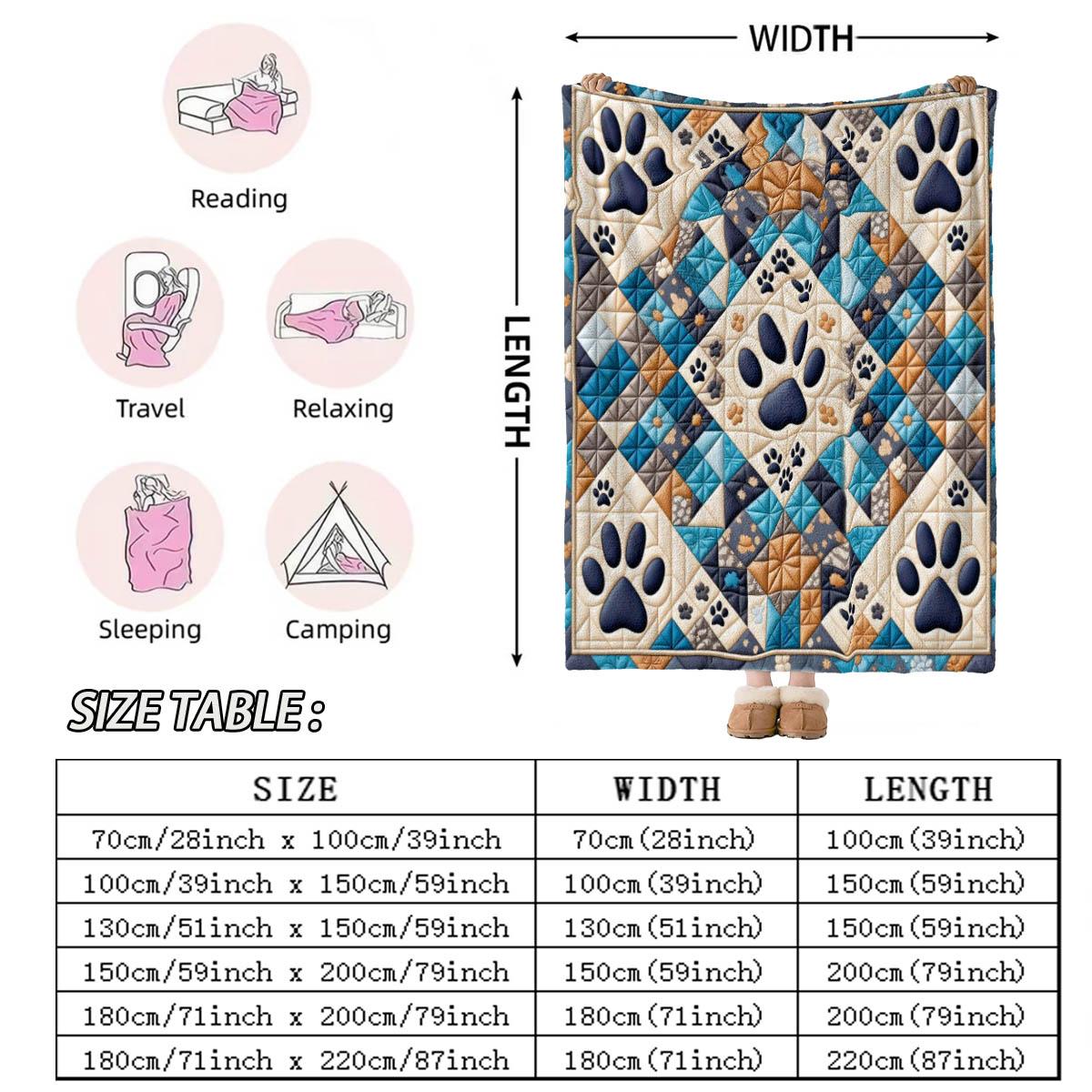 Dog Paw Print Patchwork Blanket, Lightweight Warm Flannel, Soft Breathable, Car Travel Bedroom Cover, Holiday Gift Pet Pad Multi-Use Rug