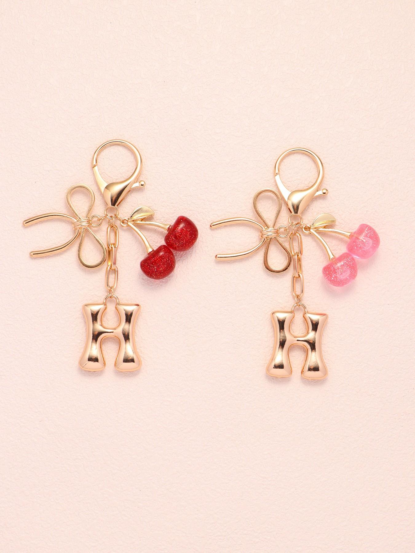 2pc Bubble Letter A-Z Keychains, Cute Initial Pendants, Metal Butterfly & Acrylic Cherry Decor, Personalized Bag Charms