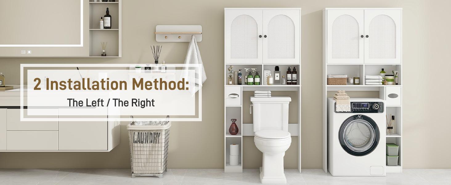 Vabches Rattan Toilet Storage Cabinet, Over Toilet Storage Wood Cabinet with 2 Doors & Toilet Paper Holder Stand, Bathroom Organizer Home Space Save Toilet Rack for Bathroom, Laundry, Restroom