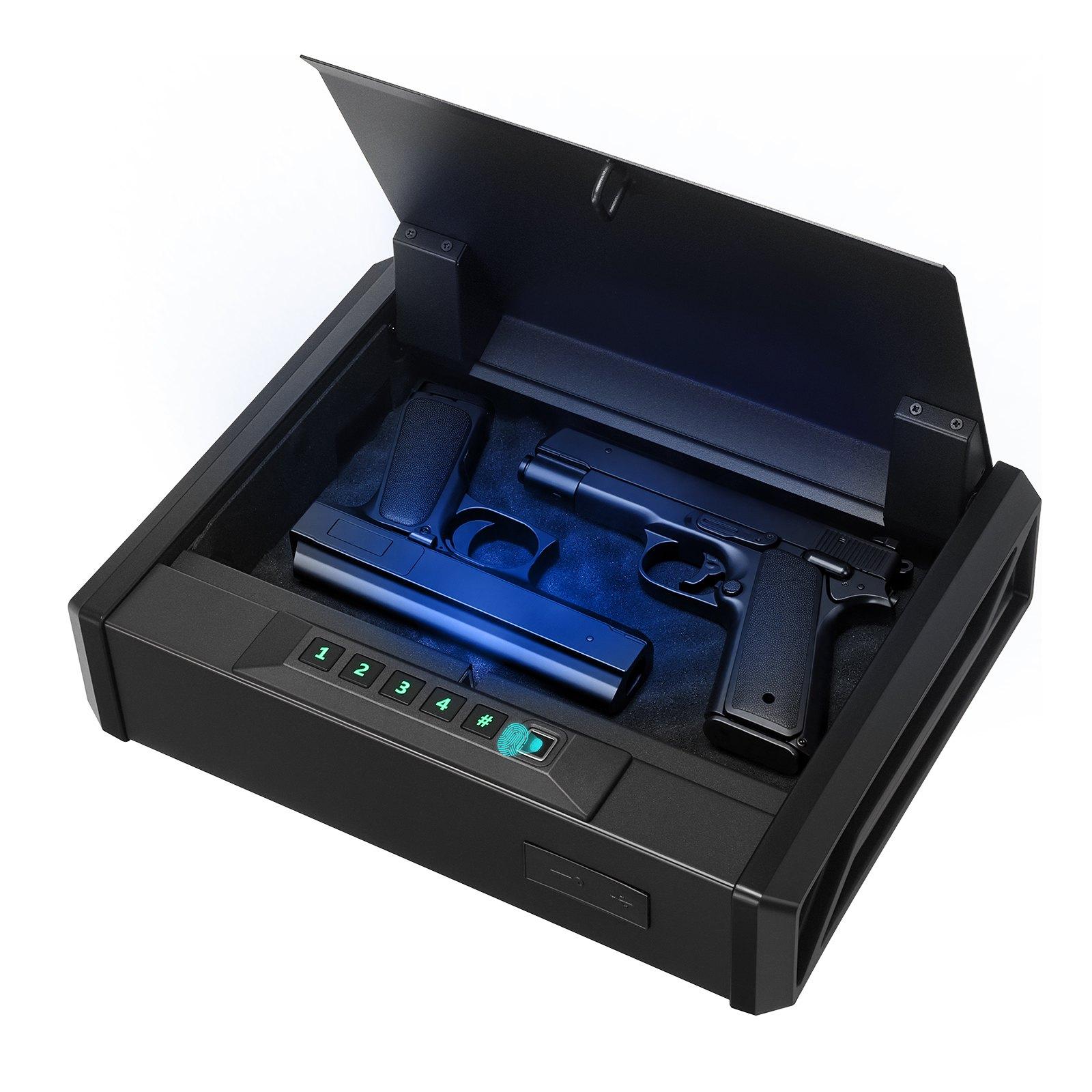fathersdaygift VEVOR Gun Safe, Heavy Duty Handgun Safe with Fingerprint/Password/Key, 3-Way Quick Access Firearm Case Box with Lighting for 2 Pistols 2 Magazines, Pistol Gun Box for Nightstand Bedside Desk Car
