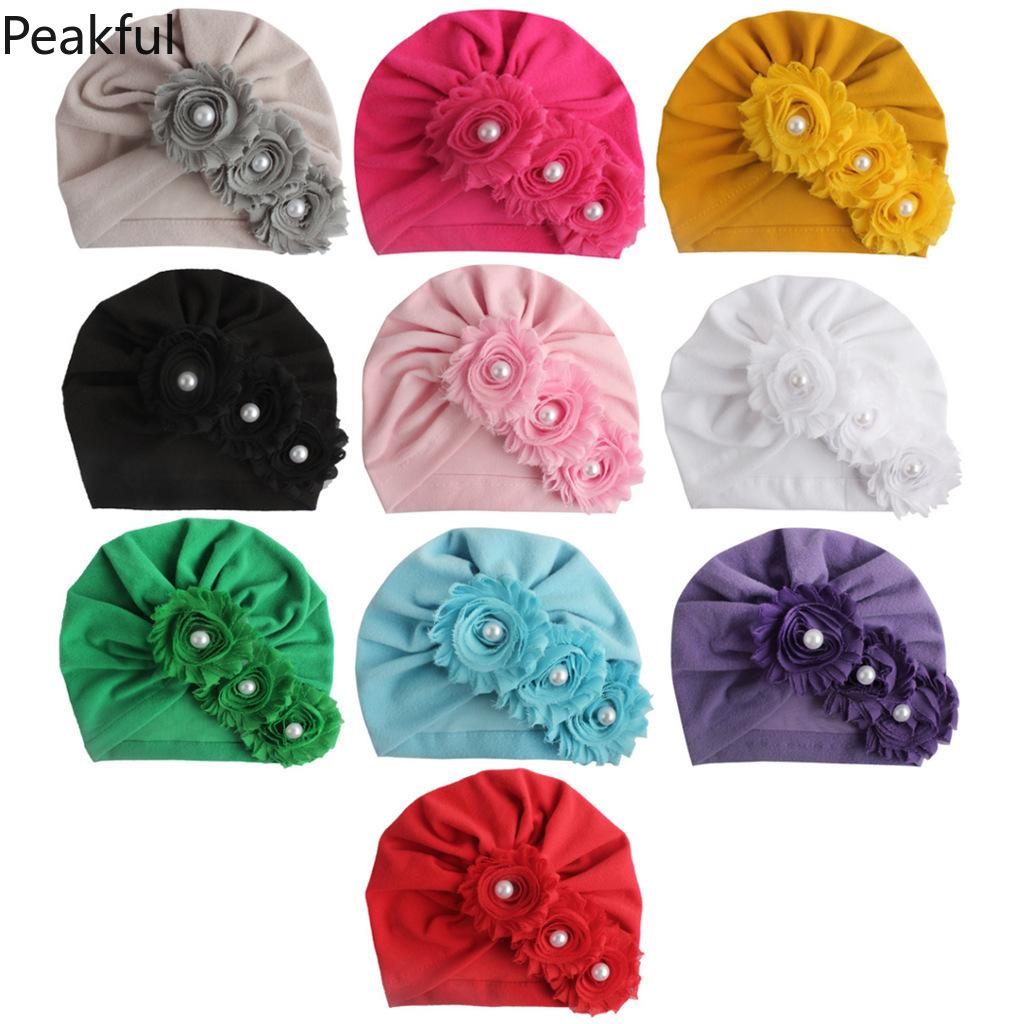 Kids Floral Pearl Decor Turban Hat, Popular Soft Cotton Baby Headwear, Elegant Toddler Headwrap, comfortable elastic design & charming flower details, great for casual outings, birthday parties and newborn photography