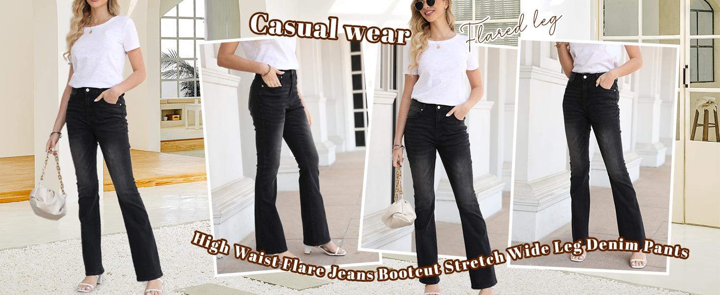 Flowyair Womens High Waisted Jeans Flare Stretch Boyfriend Bootcut Casual Denim Pants