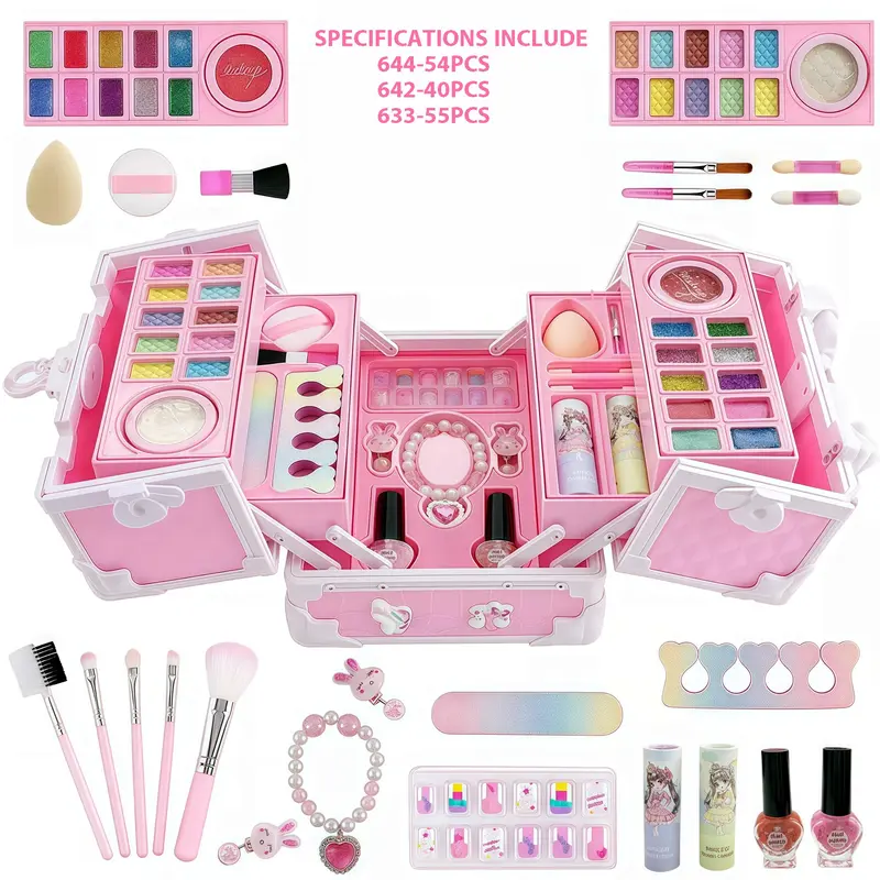 Washable Makeup Set for Girls, Portable Storage Cosmetic Box Including Mirror, Lipstick, Eyeshadow, Nail Polish and Makeup Brushes, Educational Role Play Cosmetics Toy, Pretend Play Set