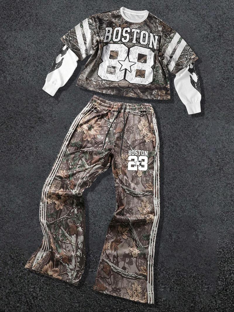 Two-Piece Set Men's Camo Print Sweatshirt & Pants, Regular Fit Casual Fashion Long Sleeve Pullover & Trousers for Daily Wear, Men's Two-piece for All Seasons, Fall outfit