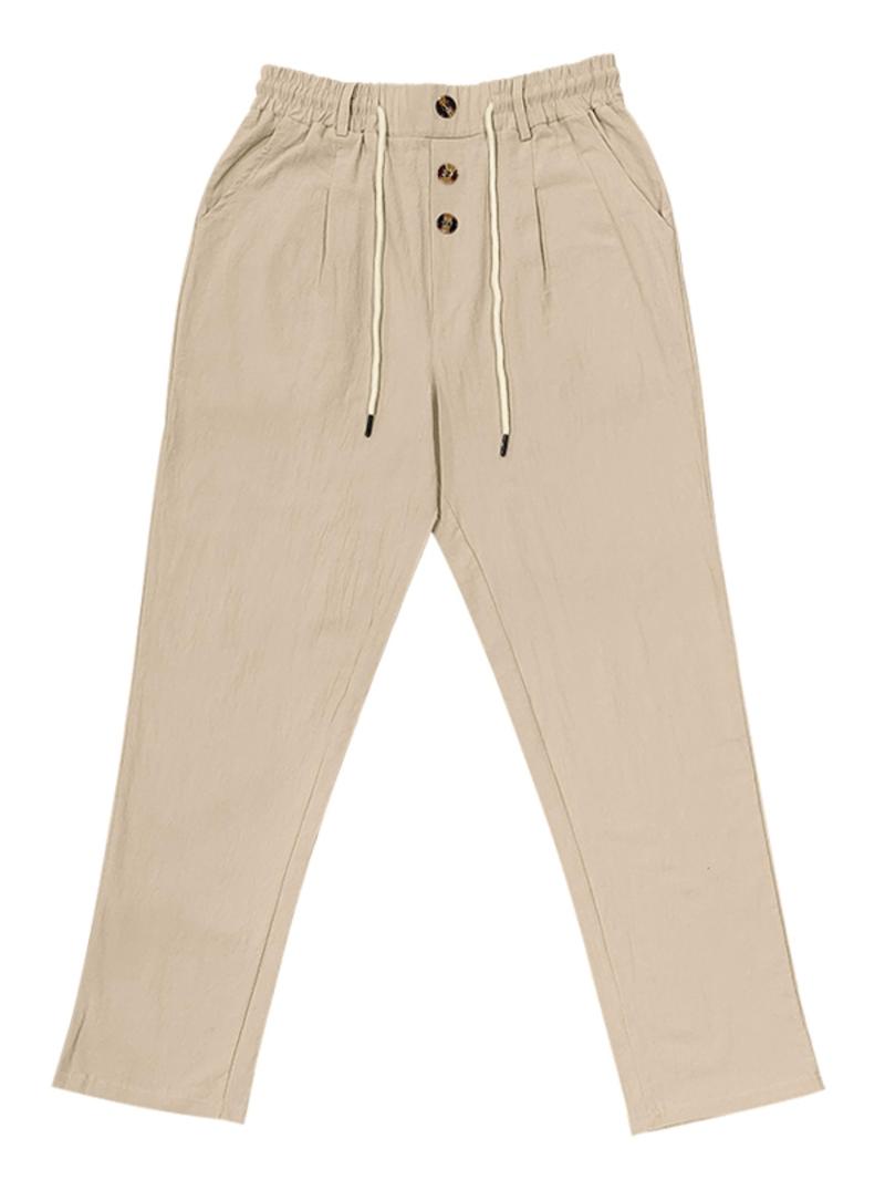 Men's Solid Button Design Linen Pants, Casual Comfy Breathable Trousers for Beach Vacation Holiday, Men's Bottoms for Summer
