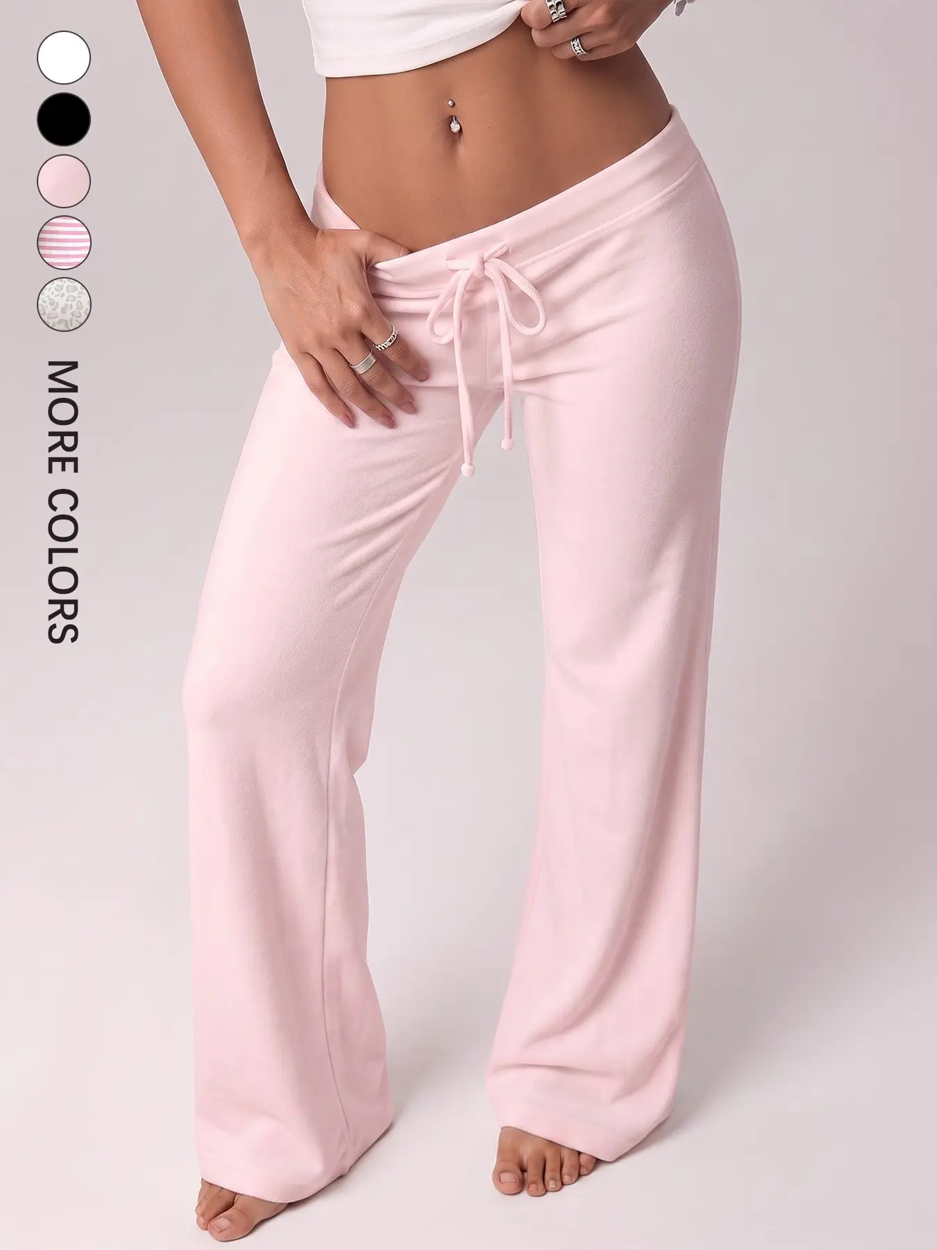 Women White Low Waist Drawstring Flared Sweatpants, Y2K Low Rise Micro Bootcut Lounge Pants, Soft Stretch Casual Trousers Match Crop Tops For Daily Streetwear #tiktokshopmademebuyit #flaredpants #y2kfashion #sweatpants