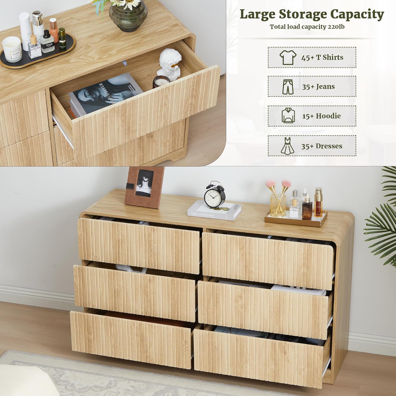 Giratree Fluted 6 Drawers Dresser for Bedroom, 53" Wide Mid Century Modern Chest of Drawers with Curved Profile Design, Large Wood Double Dresser for Living Room Wooden Dressing Table with Drawers