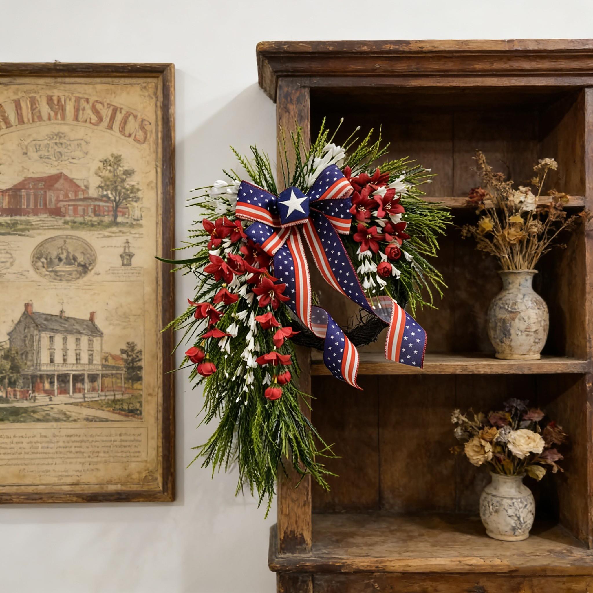 Elegant Patriotic Water Drop Wreath, Floral Accents, Star Spangled Bow, Memorial Day & Veterans Day Door Decor