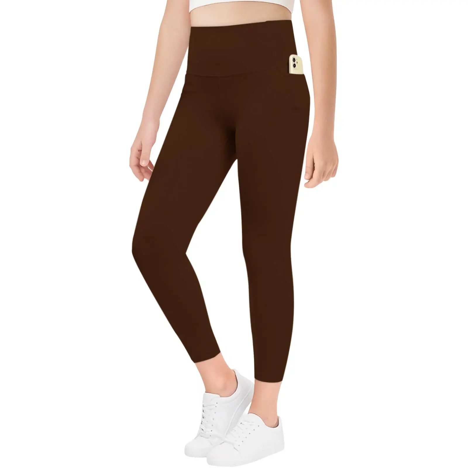 Haloumoning Girls' High-Waisted Athletic Leggings - Multi-Size Polyester Blend Tight Fit Workout Wear with Pockets, Hand Wash Only, for 5-14 Years Running Yoga