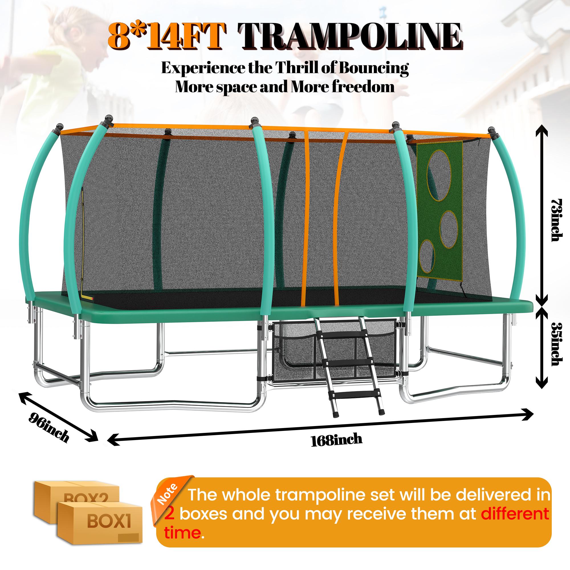 Extra Large 8x14FT (168x96x107.87in) Galvanized Metal Outdoor Rectangular Tumbling Trampoline, PE Material Net, UV Test Passed, Foam Padded Poles, ASTM Certified, 264.55lbs Capacity, Double Security, for Family, 100% Satisfaction Service, Uv Protection, D