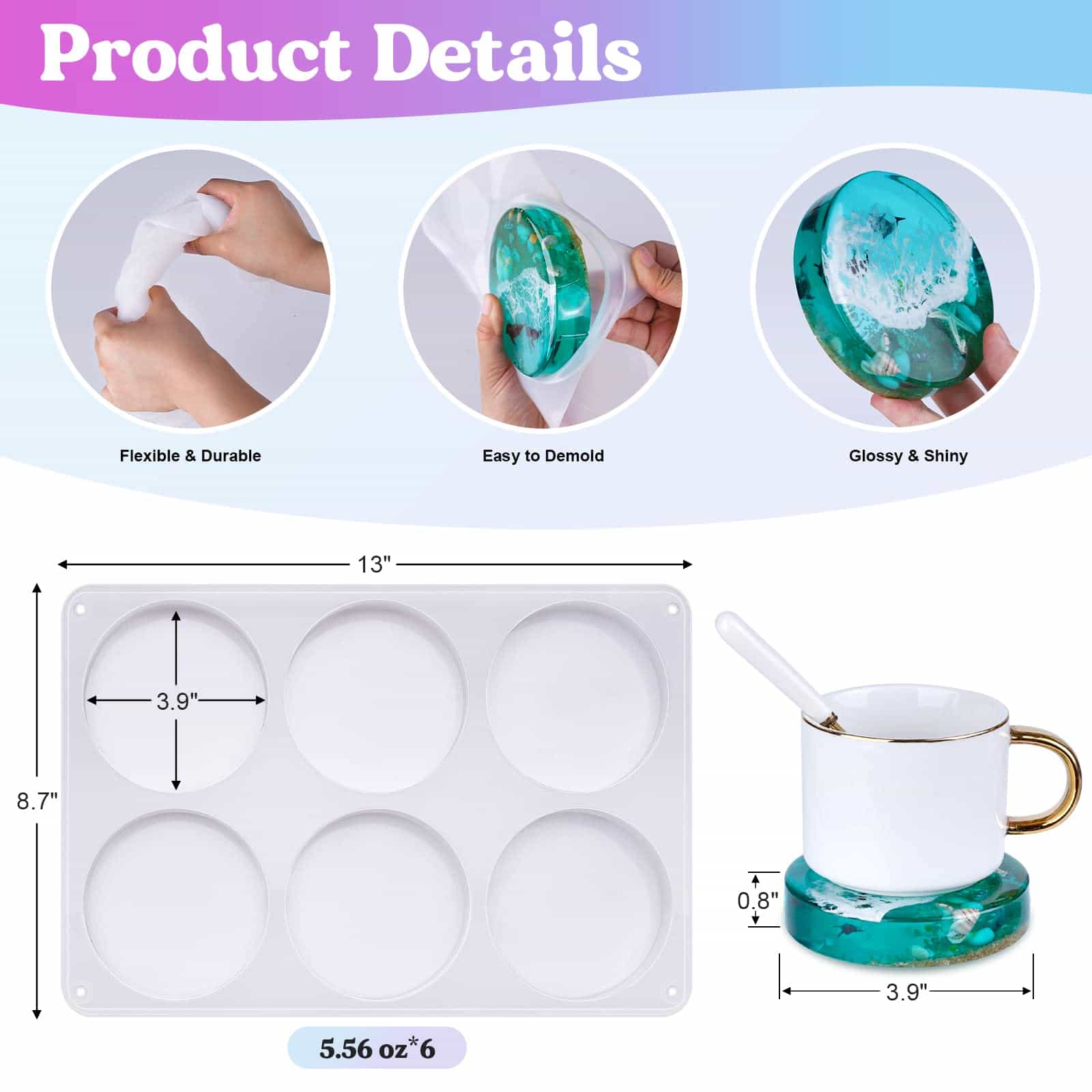 Large 6 Cavity Silicone Coaster Molds for Resin, Extra Deep Round Silicone Coaster Molds for Epoxy Resin, Cups Mats, DIY Birthday Gift Craft LET'S RESIN
