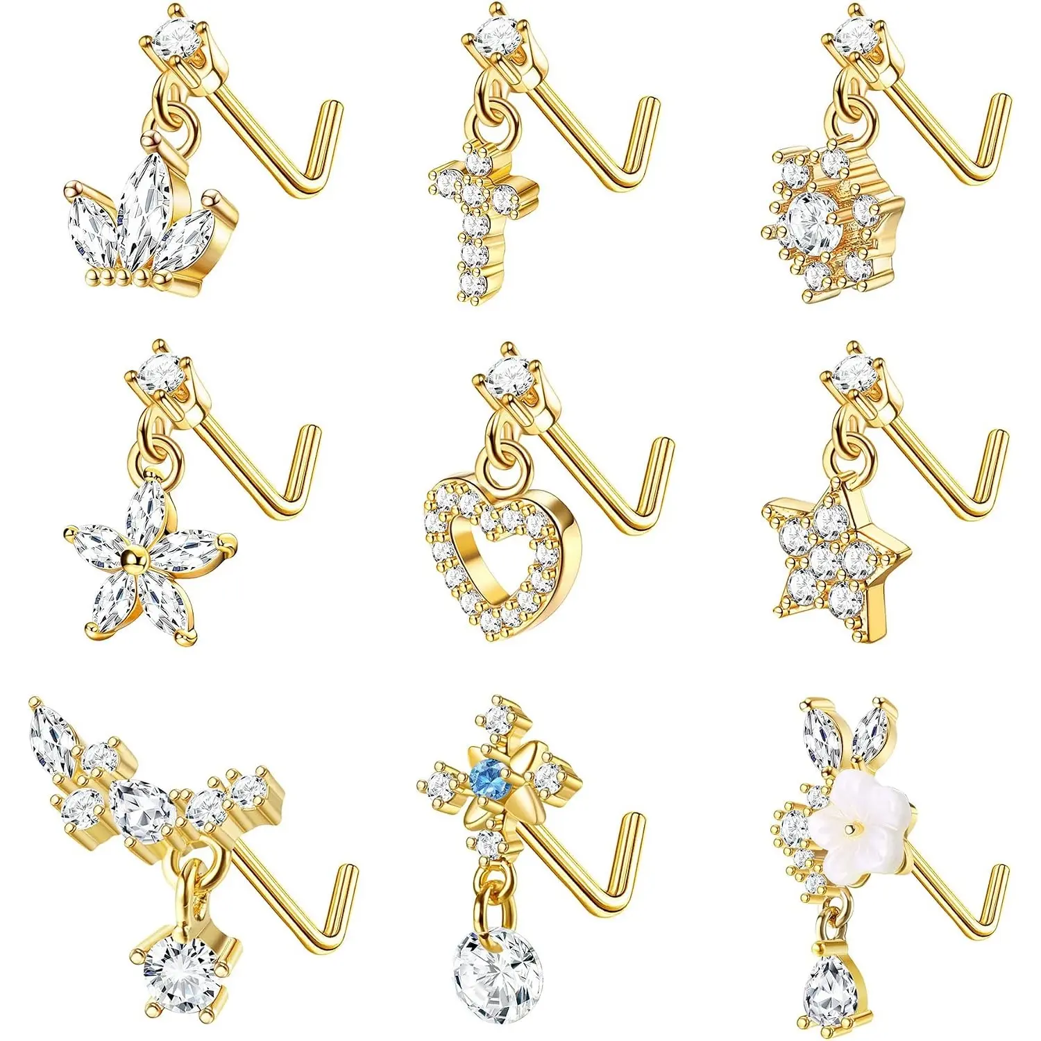 9 Pcs 20G Women’s Stainless Steel L‑Shaped Dangle Nose Stud Set, CZ Cross Crown Flower Heart Dangling Nostril Piercing Jewelry, Hypoallergenic Sparkly Multipurpose Body Piercing Accessories for Daily Party Wear