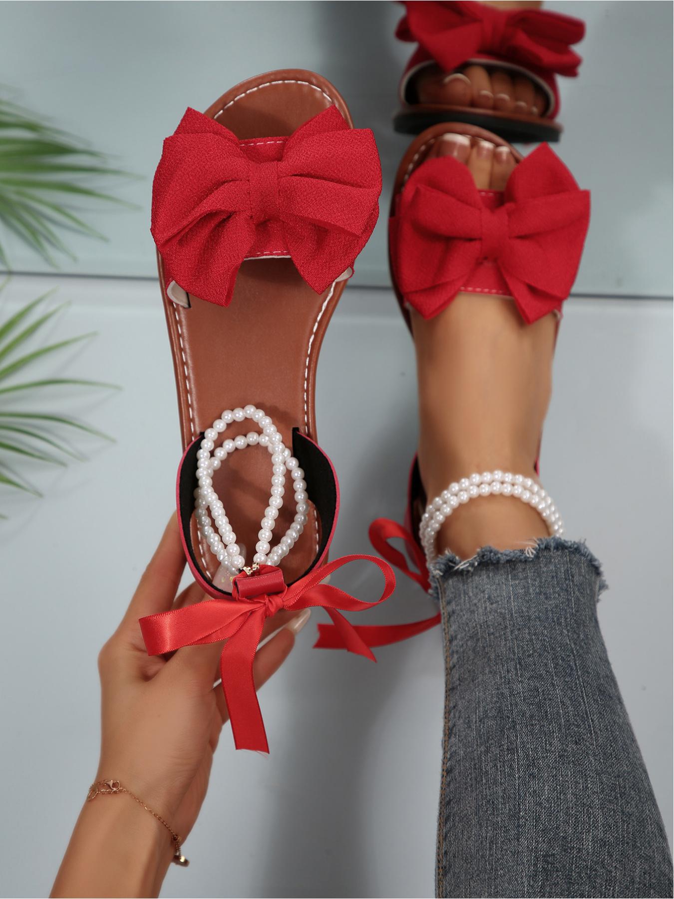 Women's Bow Decor Pearl Ankle Strap Flat Sandals, Open Toe Lace Up Bohemian Beach Shoes, Sizes 36-43 Multiple Colors