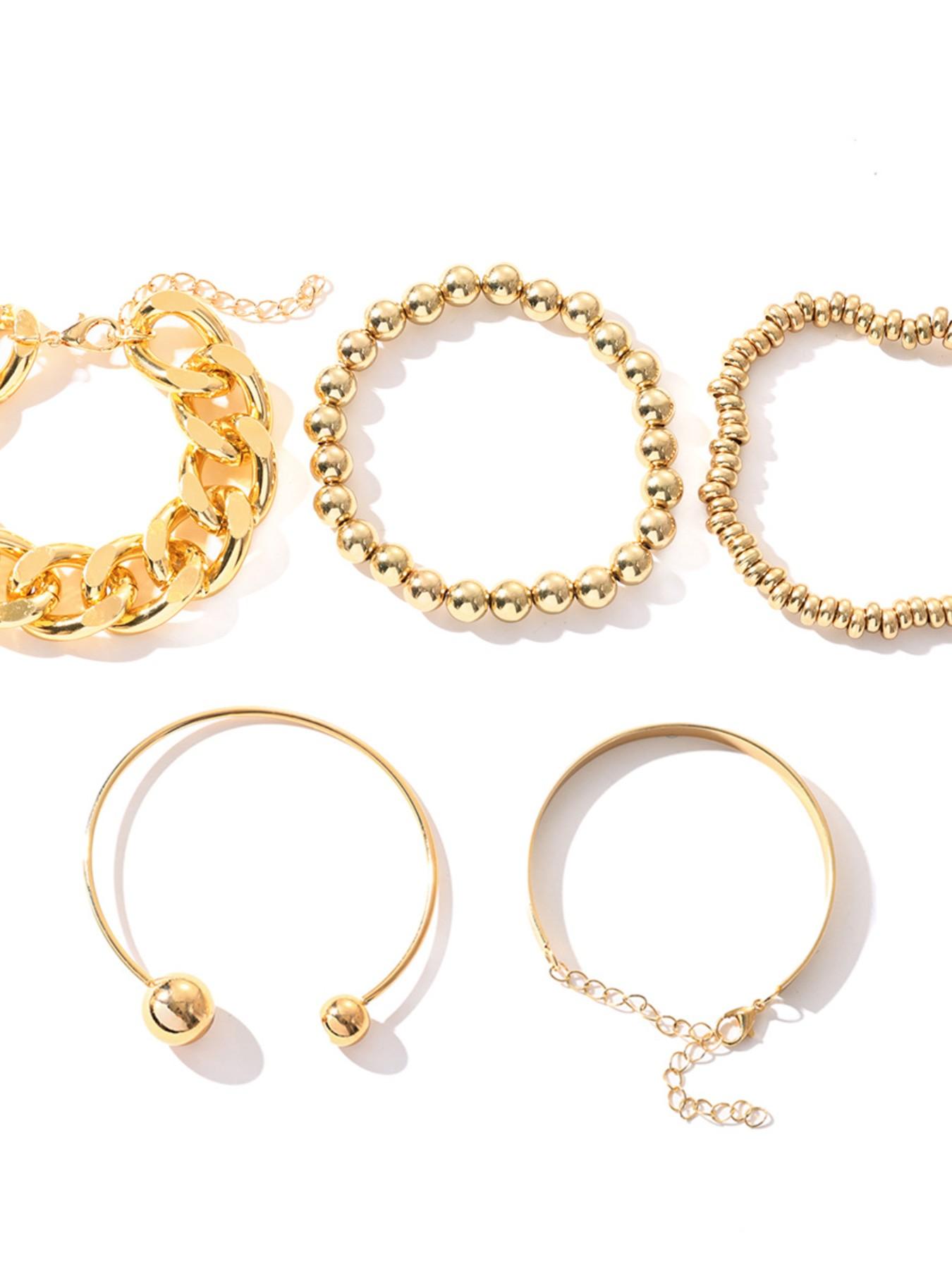 5-In-1 Vintage Punk Style Bracelet Set, Lightweight Ccb Beaded, Chain Bangle, Elastic Disc, Perfect for Women's Events & Gifts