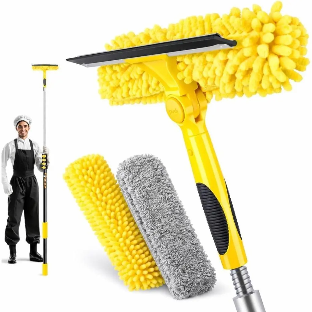 30FT High Reach Window Squeegee with Extension Pole, 2 in 1 Window Washing Kit with 6-Stage Telescopic Pole & Rotatable Head, No-Ladder Window Cleaner for High Window, Solar Panel, RV & Outdoor Glass