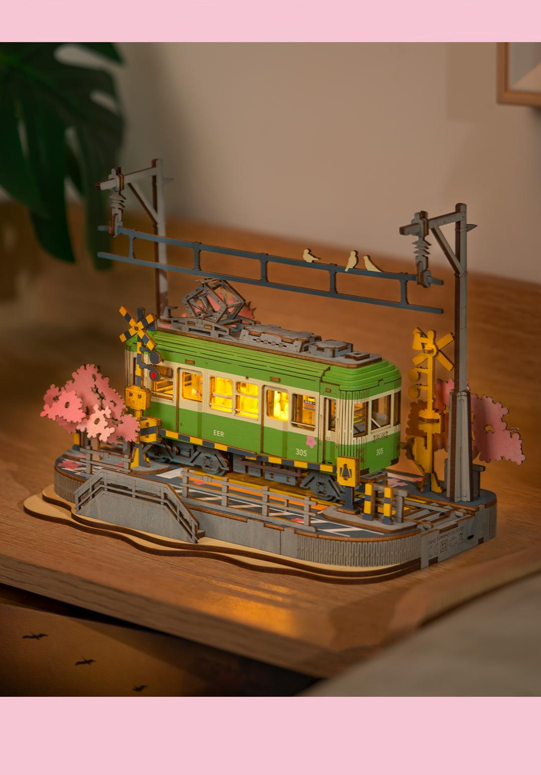 Rolife Sakura Journey 3D Wooden Puzzle TGS02 3D Wooden Puzzle for Adults, Sakura Journey Tram DIY Model building Kits with LED Lights, Creative Kids Craft Hobby Gift and Brain Teaser Home Decor Assembly Toy