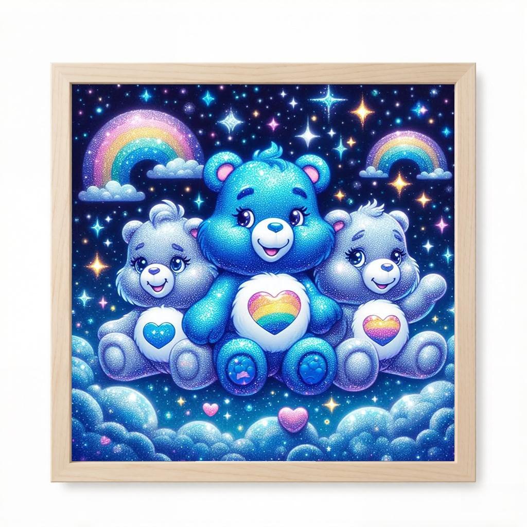 A set of 2D flat frameless handmade DIY diamond painting kit - dreamy starry sky rainbow bear theme with colorful diamonds and heart patterns, ideal for home wall decor and craft enthusiasts to create and enjoy.