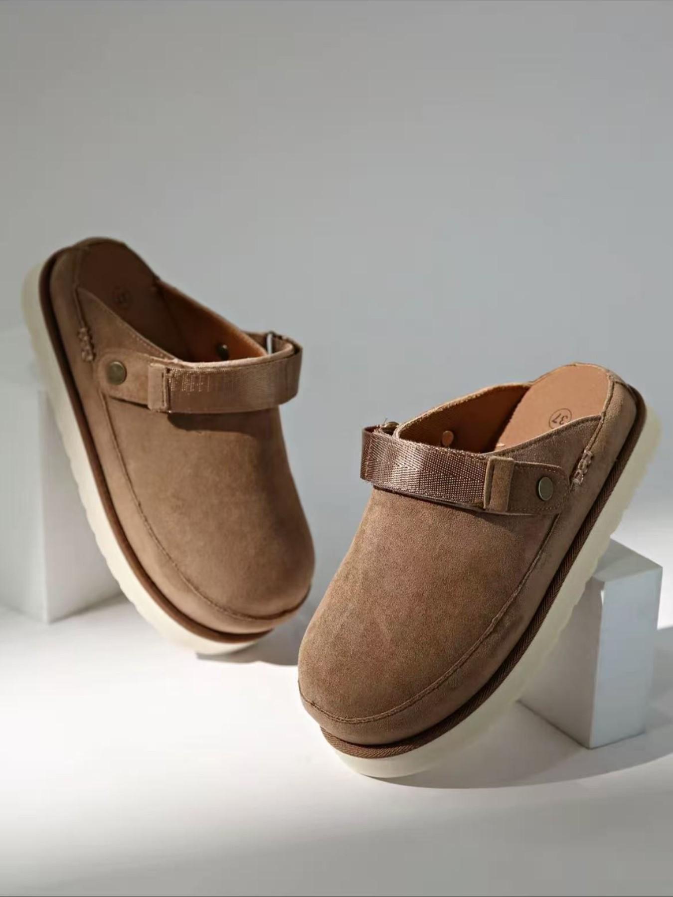 Women's Platform Mules Clogs, Closed Toe Backless Slippers, Adjustable Strap, Casual Suede Slip on Loafers for Walking, Shopping, Travel