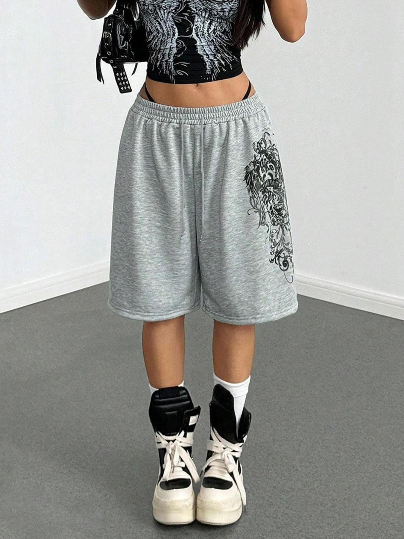 Women's Vintage Gothic Print Elastic Waist Sweat Shorts, Grey Loose Casual Athletic Shorts, Y2K Streetwear Style, Perfect For Party & Daily Outfits