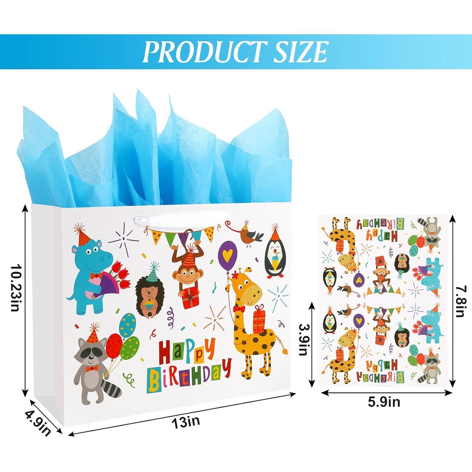 13" Large Size Happy Birthday  Bag Zoo   with Happy Birthday Sign  Bag with Greeting Card and Tissue Paper for   Girls Boys Men Women Bday