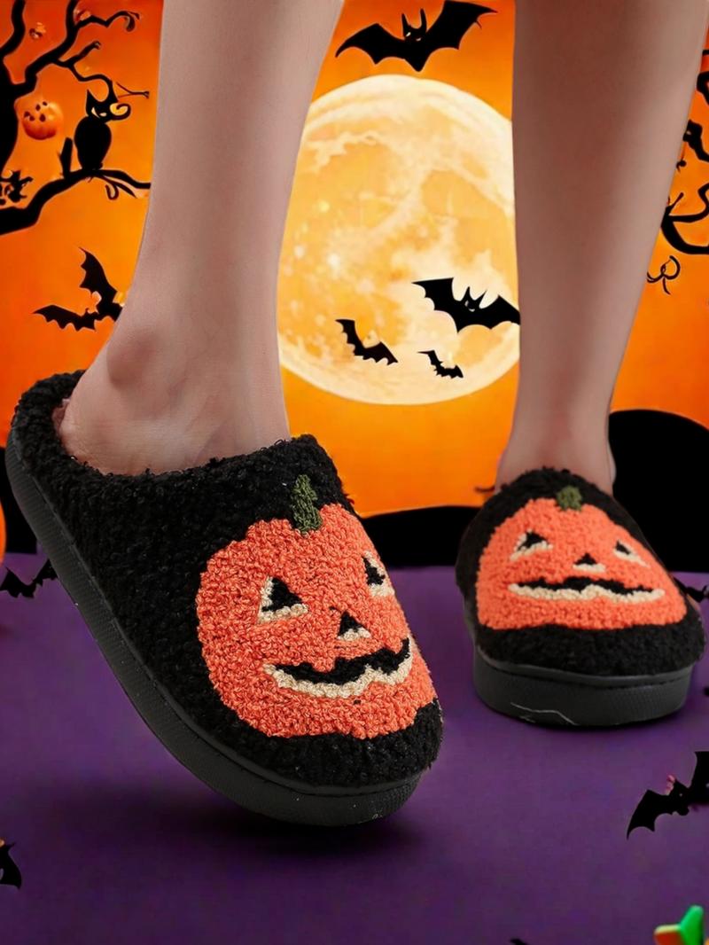 Women's Cartoon Pumpkin Pattern White Slippers, Casual Soft Comfortable Home Slippers, Warm Lightweight Slipper for Indoor & Outdoor Useas Birthday Gifts Halloween, Girl, Footwear