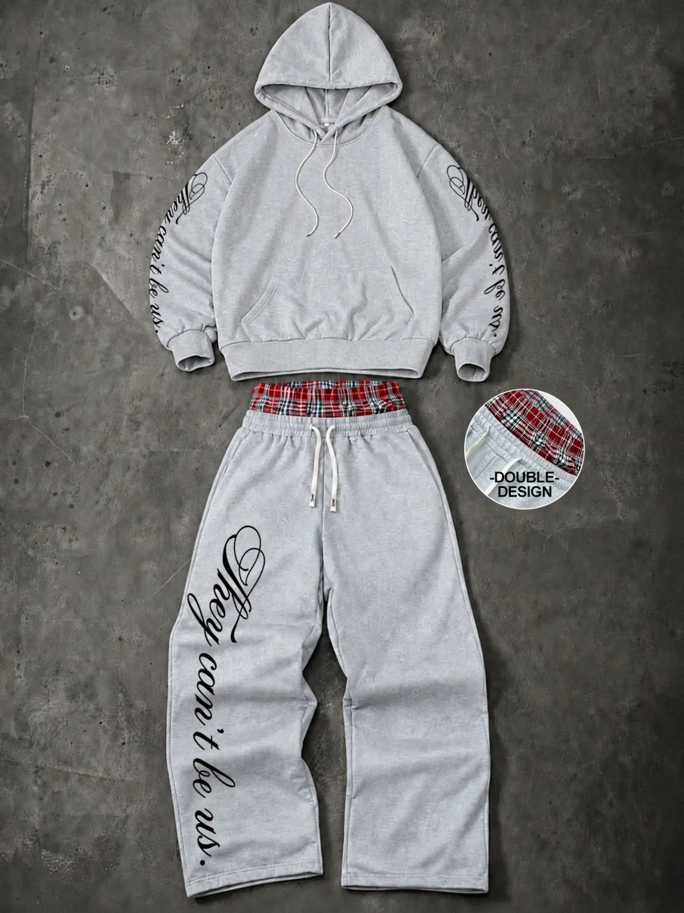 Men 2 Piece Streetwear Matching Tracksuit Solid Black Hooded Sweatshirt With Full Sleeve Cursive Letter Print Kangaroo Pocket Wide Leg Sweatpants Plaid Double Layer Waistband Design Soft Fleece Comfy Outfit For Skateboarding Street Shooting Daily Commute