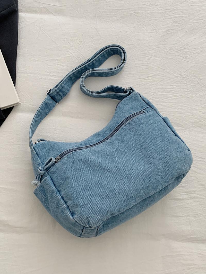 Fashion trend casual Joker shoulder messenger bag, Denim messenger bag, niche design retro wash jeans craft commuter shoulder messenger bag, personality versatile  multi-zipper design suitable for student ， shopping， trips and so on.