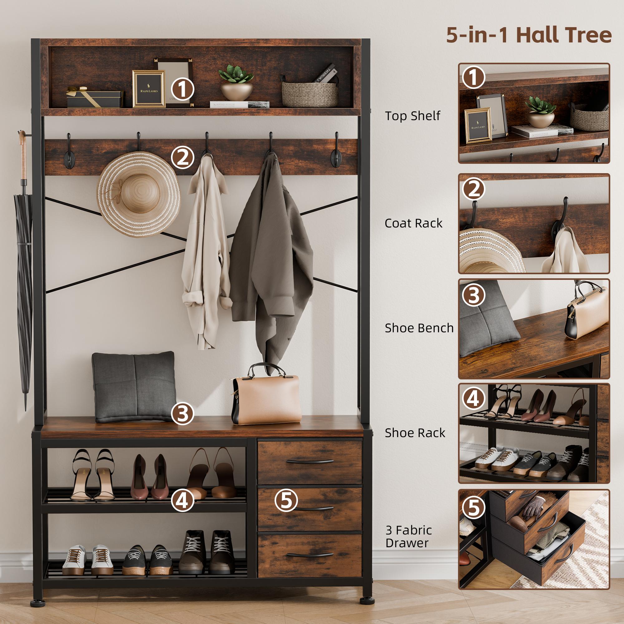 Aowos Hall Tree with Bench and Shoe Storage, 31”/39” Freestanding Entryway Storage Cabinet, 5-in-1 Coat Rack and Shoe Bench with Wall Organizer, 17 Hooks, Drawers and Shelves, Space-Saving Hall Tree for Entryway, Hallway, Foyer