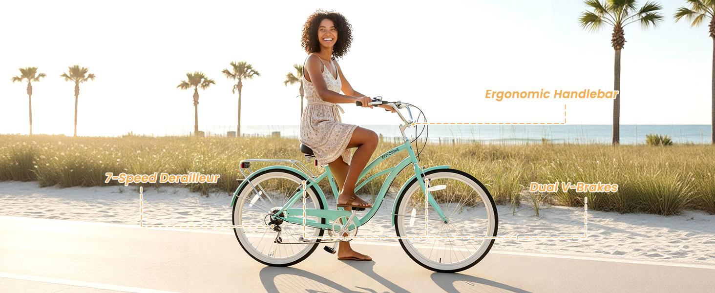 EOYOBIKE Beach Cruiser Bike for Women and Men, 24/26 Inch 7-Speed Adult Bicycle, Comfortable Step-Through Frame with Rear Rack, Classic City Cruiser