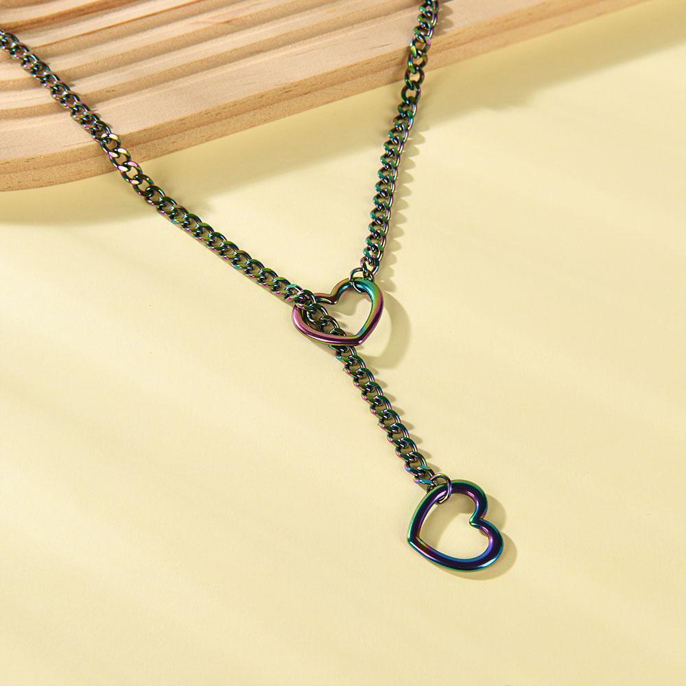 Heart & O Shape Slider Chain Necklace for Women, Punk Rock Style Cuban Link Long Y Lariat Necklace, Adjustable Sliding Design, Unique Elegant Jewelry, Perfect for Daily Wear & Gift Giving
