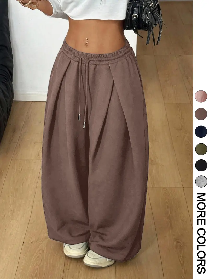 Women Elastic Waist Cuffed Jogger Pants, High Waist Baggy Wide Leg Sweatpants With Drawstring Ankle, Casual Streetwear for Lounging Daily Going Out Women Elastic Waist Cuffed Jogger Pants, High Waist Baggy Wide Leg Sweatpants With Drawstring Ankle, Casual Streetwear for Lounging Daily Going Out