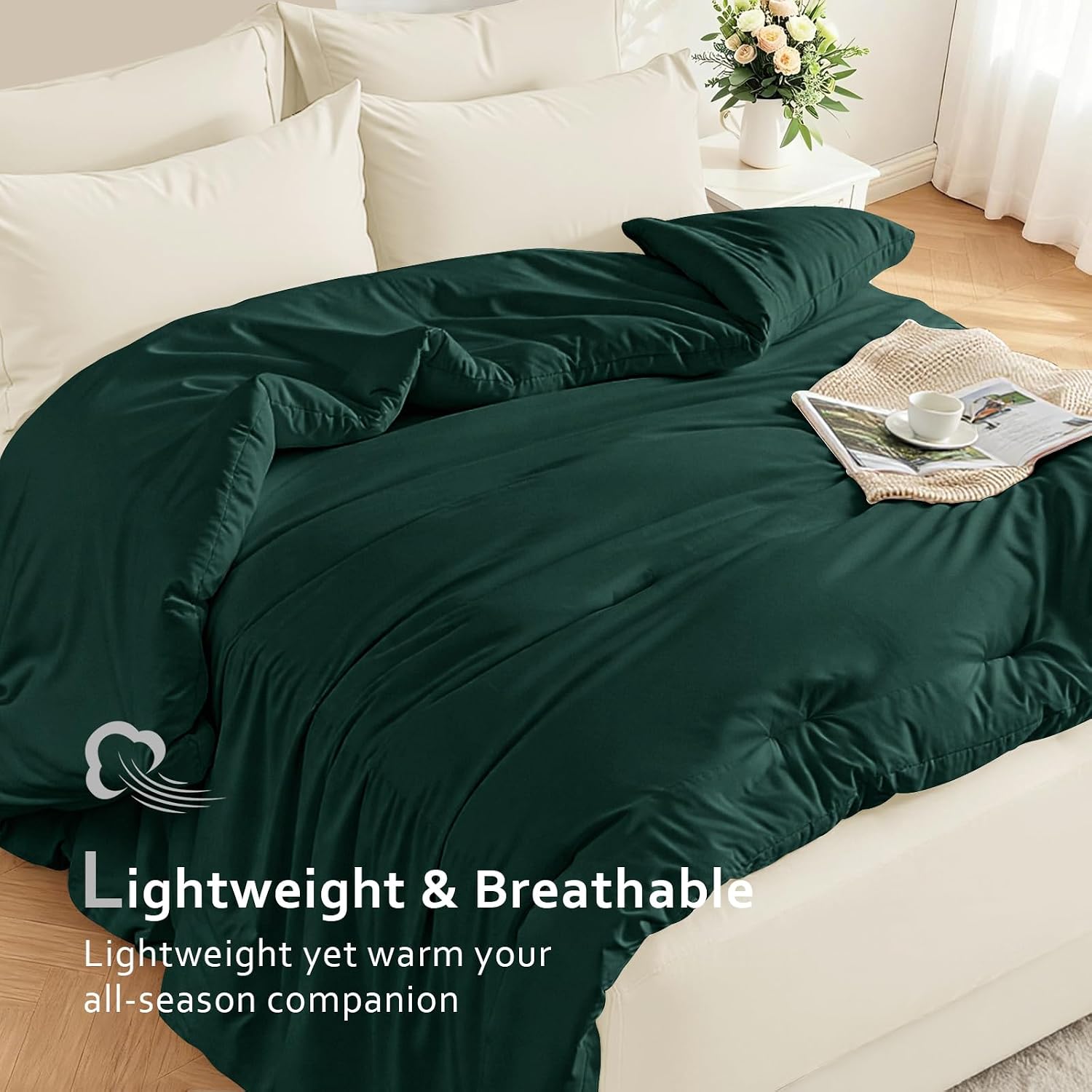 Comforters  Size,   Quilted Bed Comforter, Ultra-Soft Down Alternative Duvet Insert with 4 Tabs, Lightweight Bedding Blanket - Machine Washable,  Green
